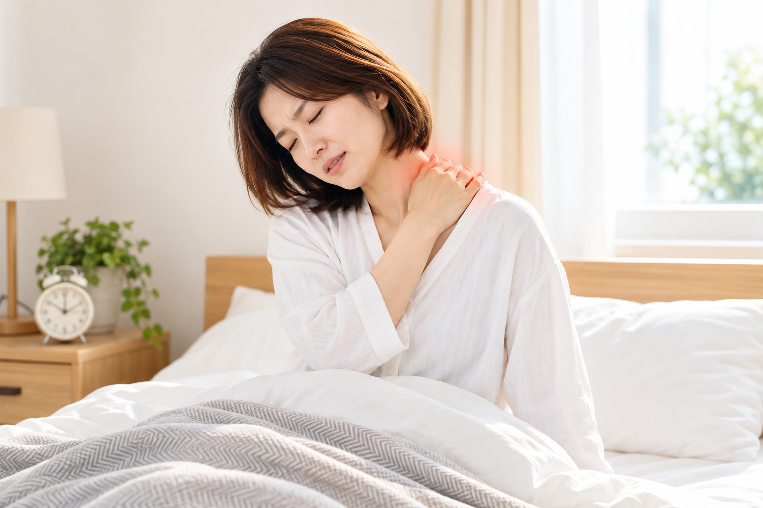 起床時に首の痛みや動かしにくさを感じる寝違えのイメージ